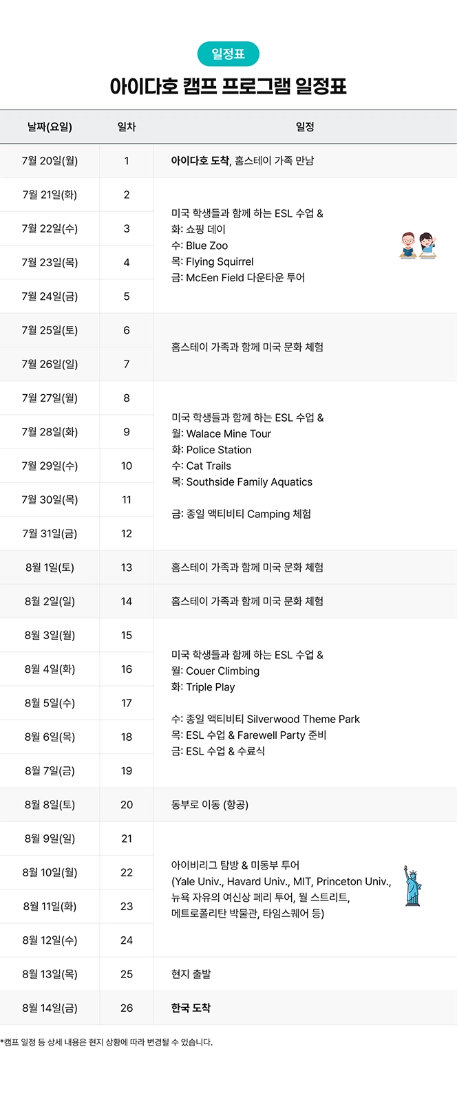미국 아이다호 영어몰입 ESL 캠프 일정표 안내