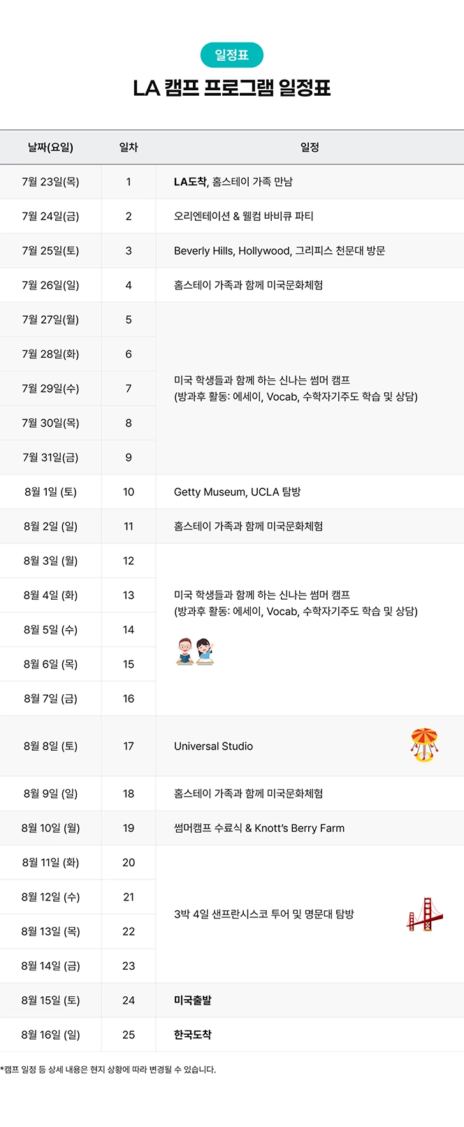 미국 LA 명문 사립 스쿨링 캠프 일정표 안내