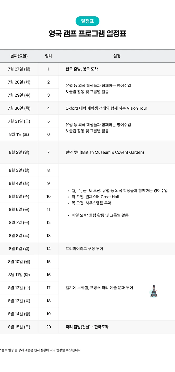 영국 윈체스터 명문보딩 영어몰입캠프 일정표 안내